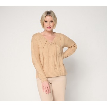 "As Is" Peace Love World V-Neck Lace Up Cable Sweater