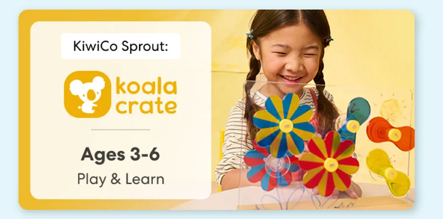 Young child smiling while working on creative KiwiCo Sprout projects, perfect for ages 3–5 for play and learn.