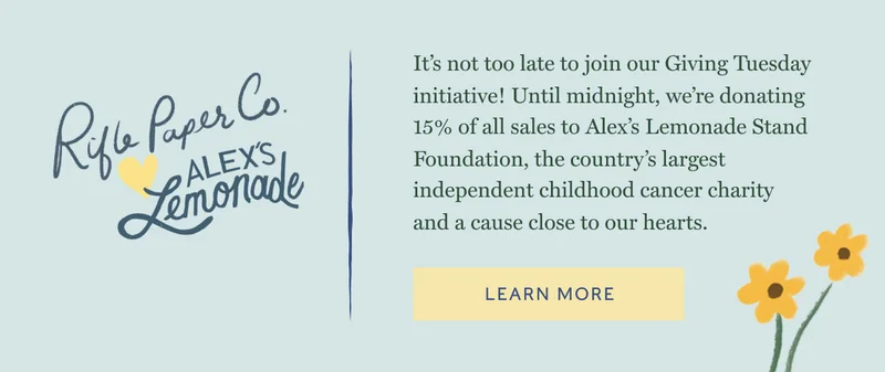 It’s not too late to join our Giving Tuesday initiative! Until midnight, we’re donating 15% of all sales to Alex’s Lemonade Stand Foundation, the country’s largest independent childhood cancer charity and a cause close to our hearts. Learn More
