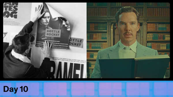Grid of Wes Anderson putting up a poster of Bottle Rocket + a still of The Wonderful Life of Henry
Sugar.