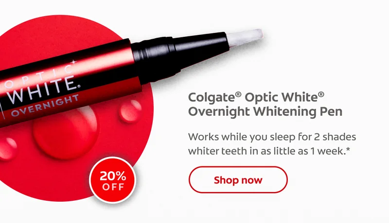 Colgate® Optic White® Overnight Whitening Pen Works while you sleep for 2 shades whiter teeth in as little as 1 week.* 20% off click here to shop now