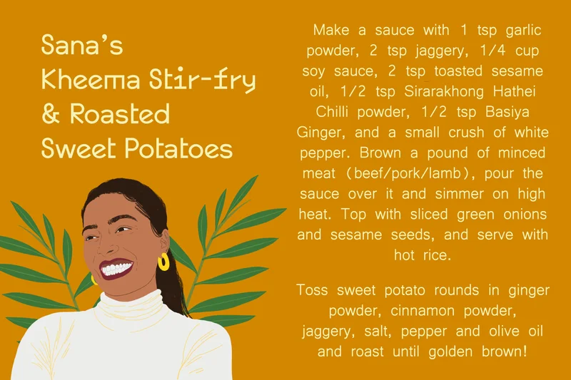 Sana's kheema stir-fry & roasted sweet potatoes