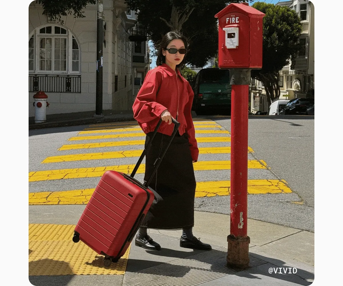 Lifestyle image showing suitcases (ideally BCO) and Travel Uniform (or PDP solve - GIF of BCO in Sea Green, EW Tote in Navy, Medium Flex in Coast, and EWB in Olive)