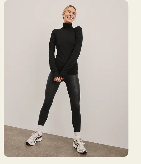 Leatherette High Waisted Midi Legging in Black Leatherette Foil