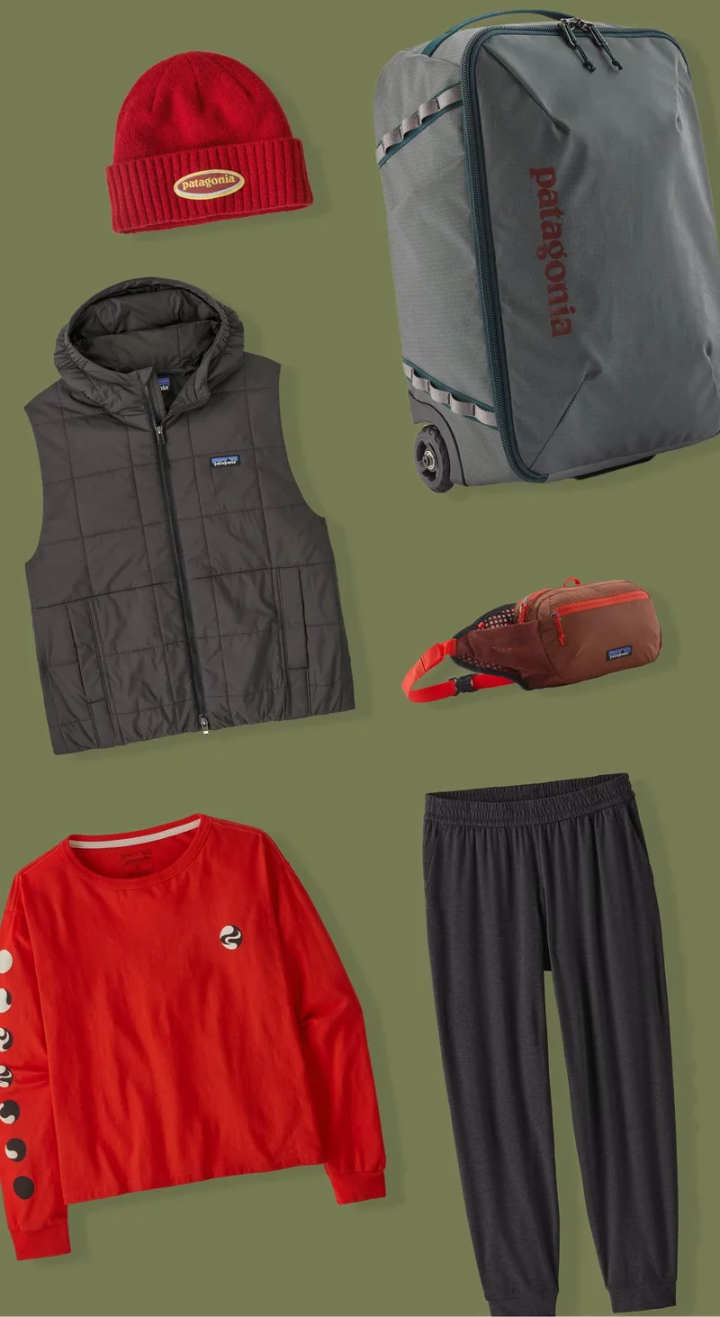 A collection of women’s travel clothing and gear.