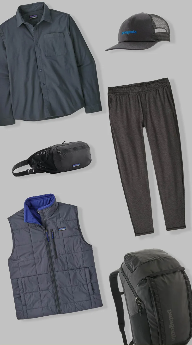 A collection of men’s travel clothing and gear.