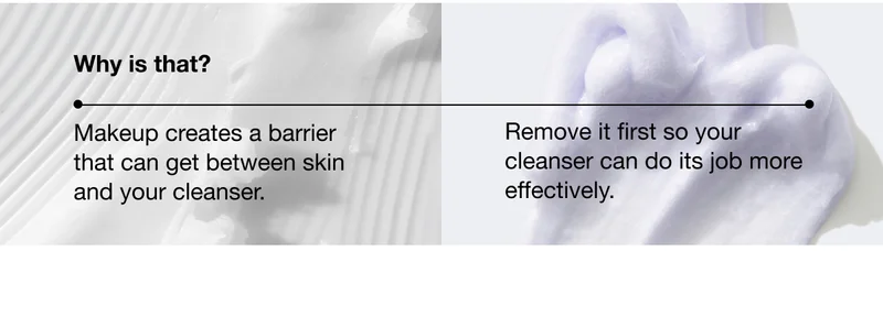 Why is that? Makeup creates a barrier that can get between skin and your cleanser. Remove it first so your cleanser can do its job more effectively.