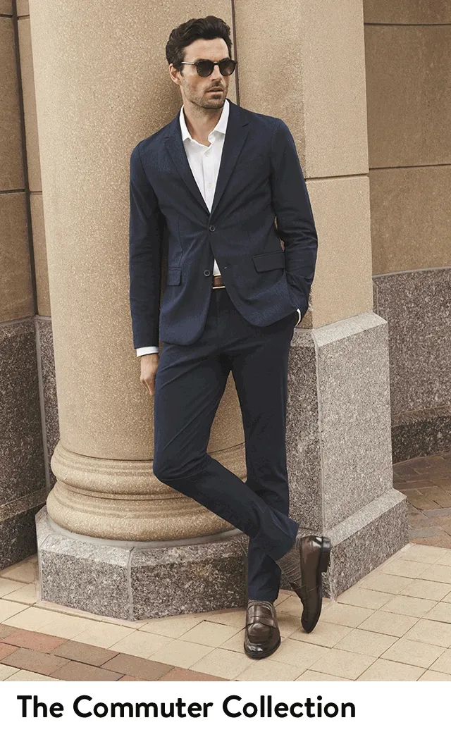 Men in stylish workwear from Rhone's commuter collection.