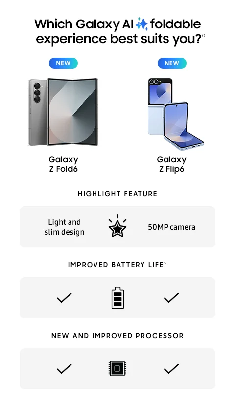 Which Galaxy AI foldable experience best suits you?Ω - Galaxy Z Fold6 | Galaxy Z Flip6 - HIGHLIGHT FEATURE | Light and slim design | 50MP Camera - IMPROVED BATTERY LIFEϞ - NEW AND IMPROVED PROCESSOR