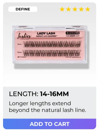 Define style Lady Lash Clusters in 14-16mm length with 5-star rating - longer lengths extend beyond natural lash line