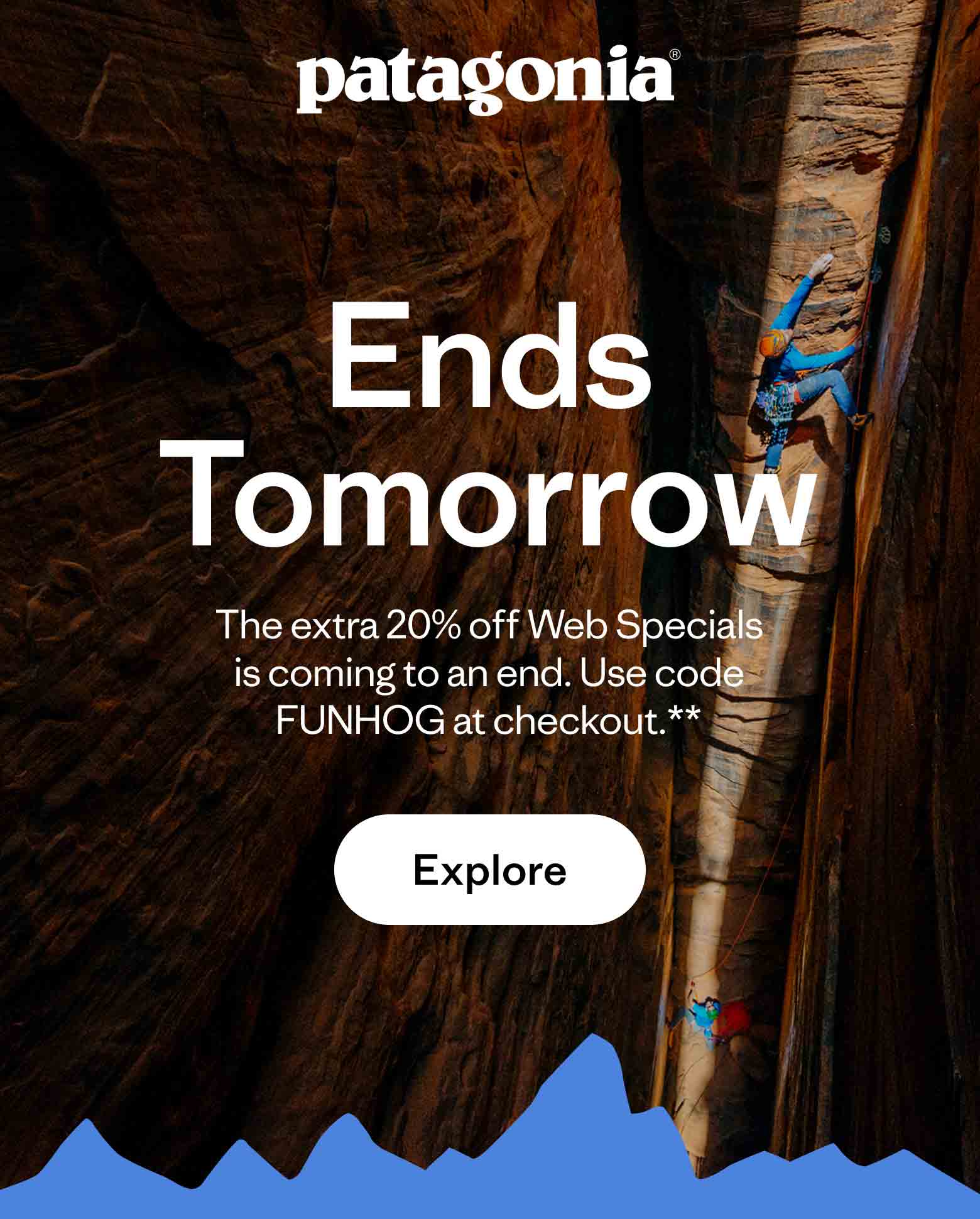 Patagonia Web Specials. Ends Tomorrow. The extra 20% off Web Specials is coming to an end. Use code discount code at checkout.**