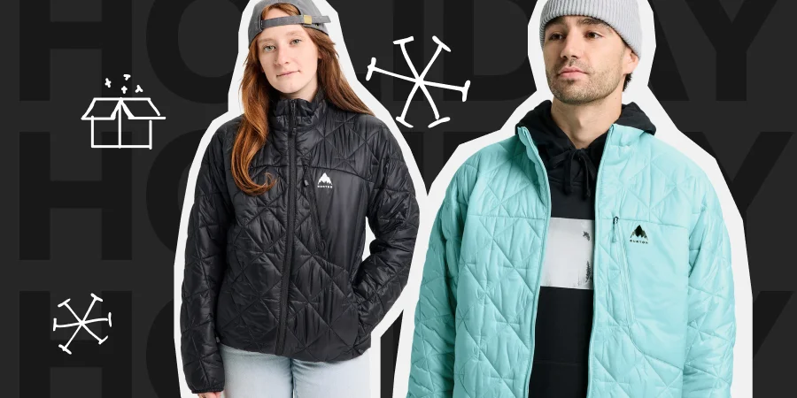 Two models, one male and one female, wearing the new Burton Reserve Midweight Insulated Jacket in black and in bright teal