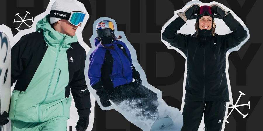 3 riders wearing Burton Reserve 2L Outerwear in light teal, blue and black.