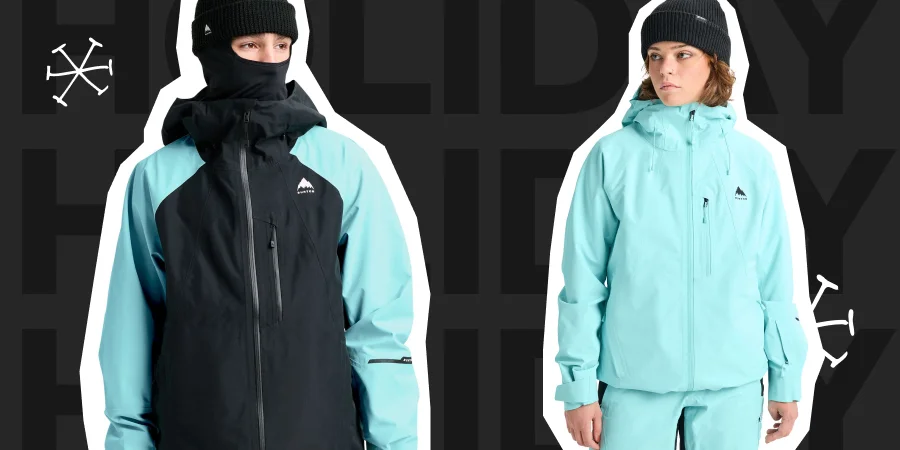 Two models, one male and one female, wearing the new Burton Reserve 3L Jacket and Pants in the light teal and the light teal/black colors