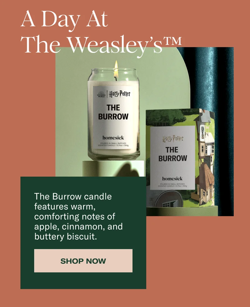 A Day At The Weasley's | The Burrow candle features warm, comforting notes of apple, cinnamon, and buttery biscuit. | Shop Now