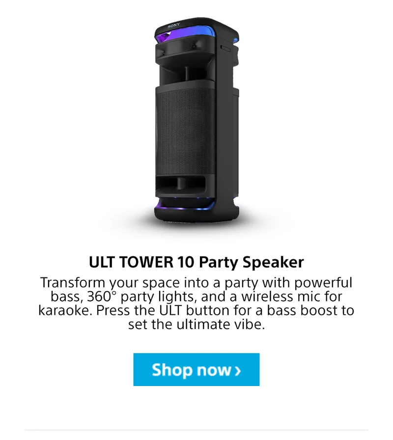 ULT TOWER 10 Party Speaker | Transform your space into a party with powerful bass, 360° party lights, and a wireless mic for karaoke. Press the ULT button for a bass boost to set the ultimate vibe. Shop now>