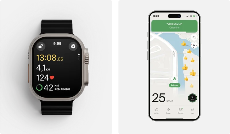 A double image layout. On the left a render of an Apple Watch interface showing the Cowboy app. On the right a render of an Apple iPhone showing Cowbiy navigation.