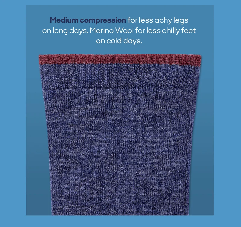 Medium compression for less achy legs on long days. Merino Wool for less chilly feet on cold days.
