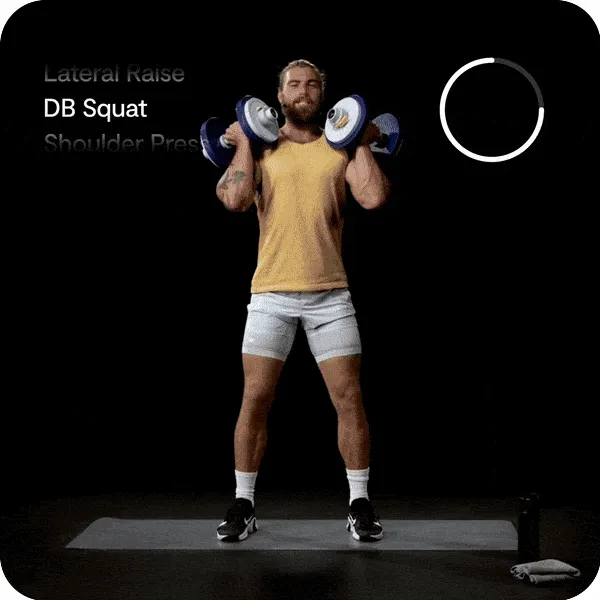 Video of a man doing squats, which transitions to a man doing shoulder presses, then a woman doing a Speed Skater exercise, then a woman doing barre hinge kickbacks. A timer is in the top right corner of the screen counting down from 45 seconds