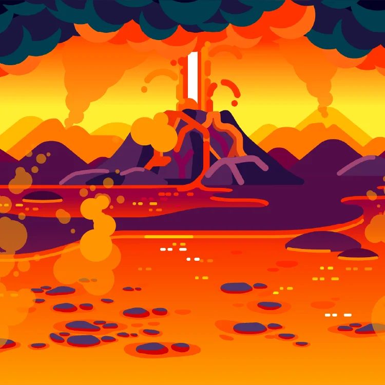 Illustration of a Supervolcano eruption and lava flows.