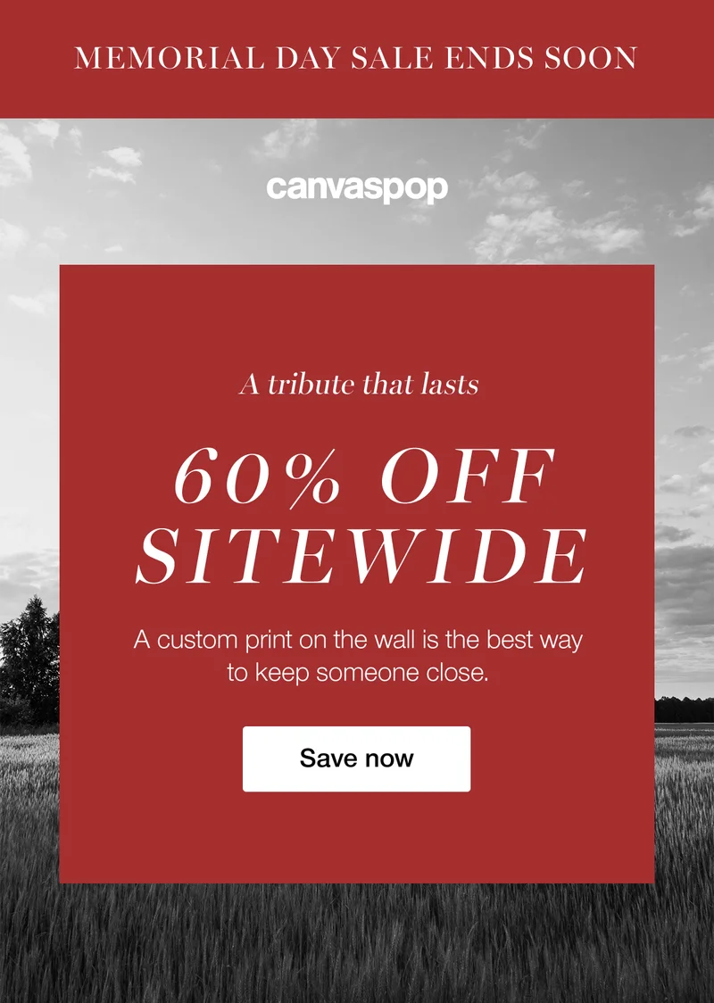 MEMORIAL DAY SALE ENDS SOON - A tribute that lasts. 60% OFF SITEWIDE. A custom print on the wall is the best way to keep someone close. Save now.