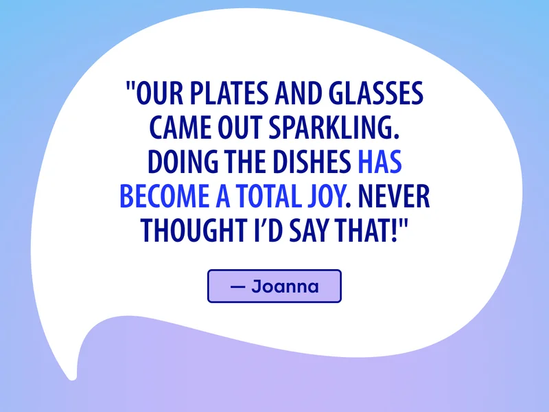 "Our plates and glasses came out sparkling. Doing the dishes has become a total joy. Never thought I'd say that!" - Joanna