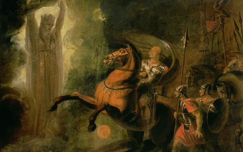 The goddess Roma appears to Julius Caesar on the banks of the Rubicon.