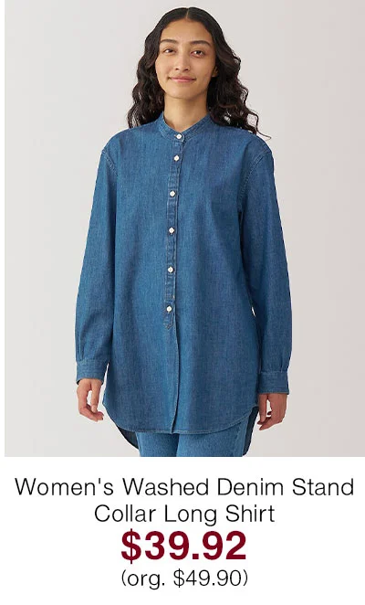 Shop Women's Washed Denim Stand Collar Long Shirt