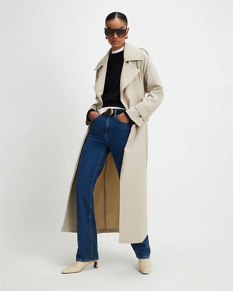 Womens Cream Collared Long Sleeve Trench Coat