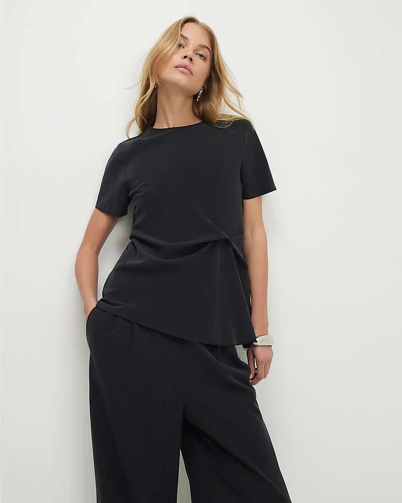 Womens Black Short Sleeve Gathered Side Top