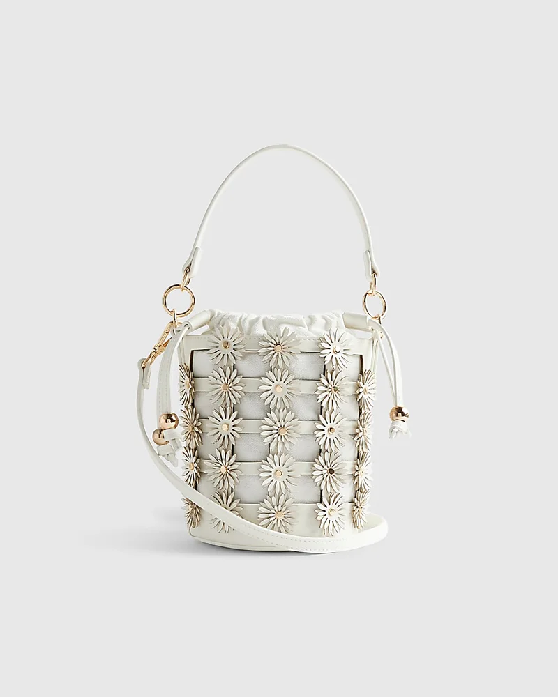 Womens Cream 3D Floral Cut Out Bucket Bag