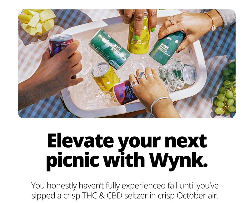 Elevate your next picnic with Wynk. You haven't fully experienced fall until you've sipped a crisp THC & CVD seltzer in crisp October air.