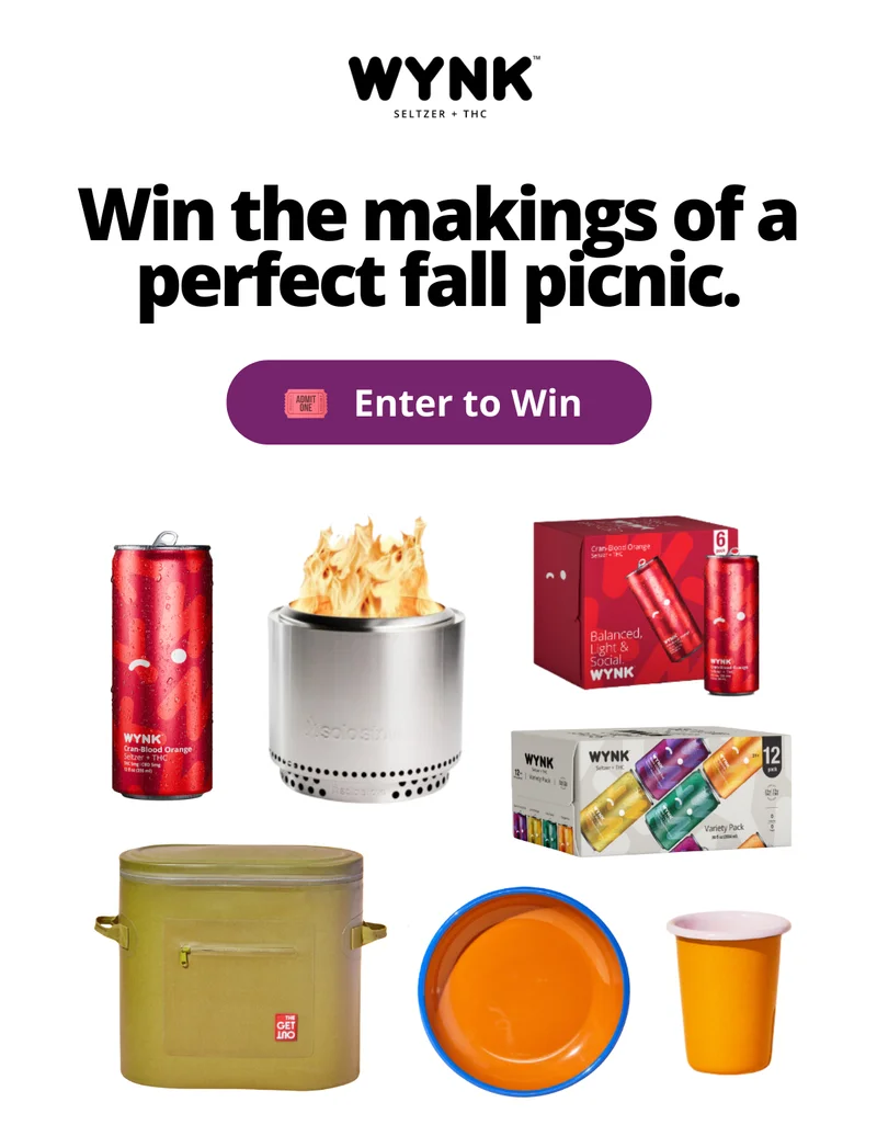 Win the makings of a perfect fall picnic. Enter to win. image featuring wynk cran blood orange cans and a cooler, plates and cups from the Get Out.