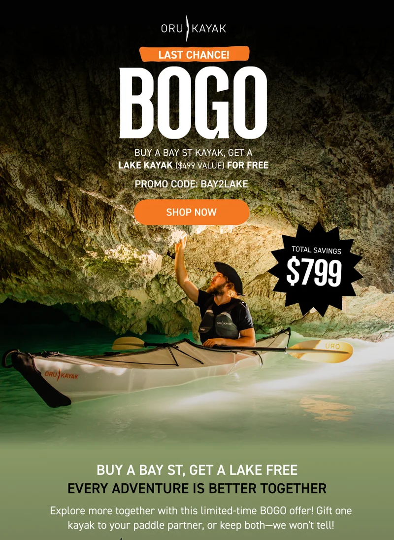 BUY A BAY ST, GET A LAKE KAYAK FOR FREE! ADD LAKE KAYAK TO CART ALONGSIDE BAY ST KAYAK AND USE CODE BAY2LAKE AT CHECKOUT TO REDEEM FREE GIFT BUY A BAY ST, GET A LAKE KAYAK FOR FREE! ADD LAKE KAYAK TO CART ALONGSIDE BAY ST KAYAK AND USE CODE BAY2LAKE AT CHECKOUT TO REDEEM FREE GIFT