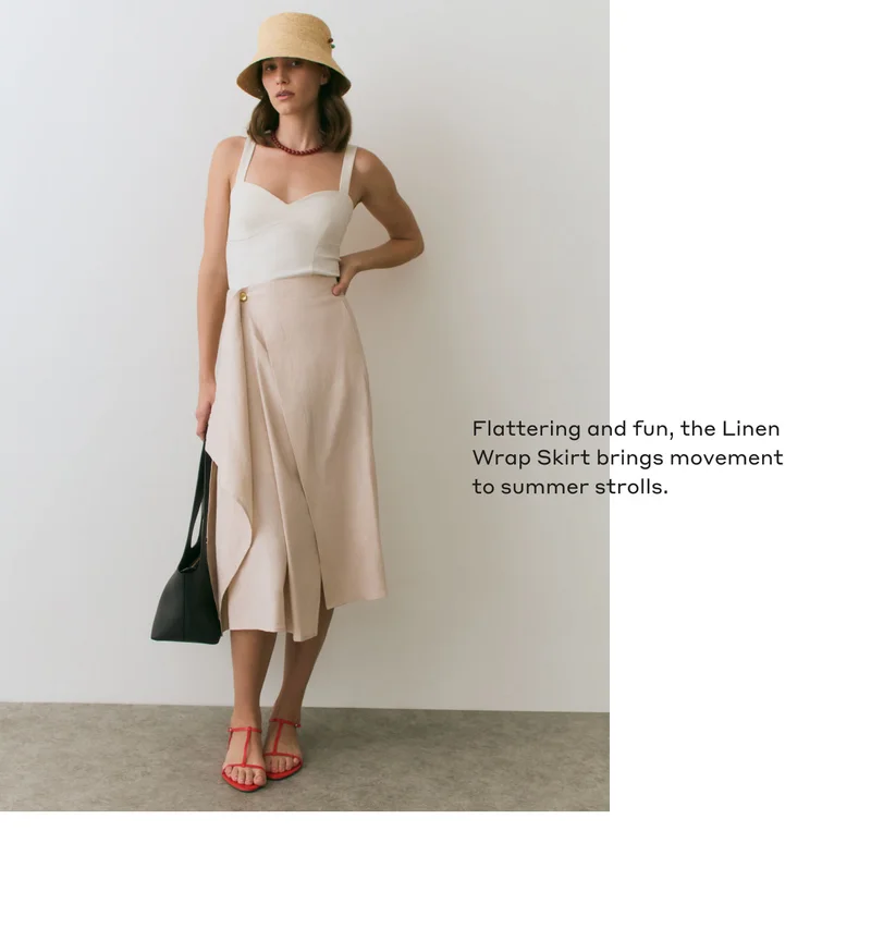 Flattering and fun, the Linen Wrap Skirt brings movement to summer strolls.