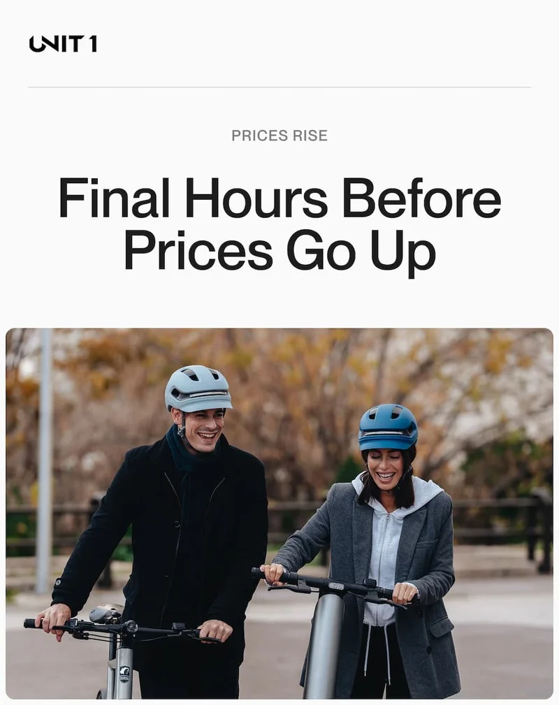 Two cyclists wearing UNIT 1 helmets with integrated rear lights at sunset, with headline ‘Final Hours Before Prices Go Up’.