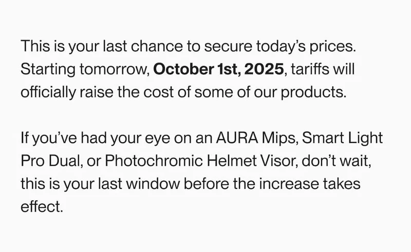 Email section explaining that due to new U.S. tariffs, UNIT 1 product prices will increase starting October 1st, 2025.