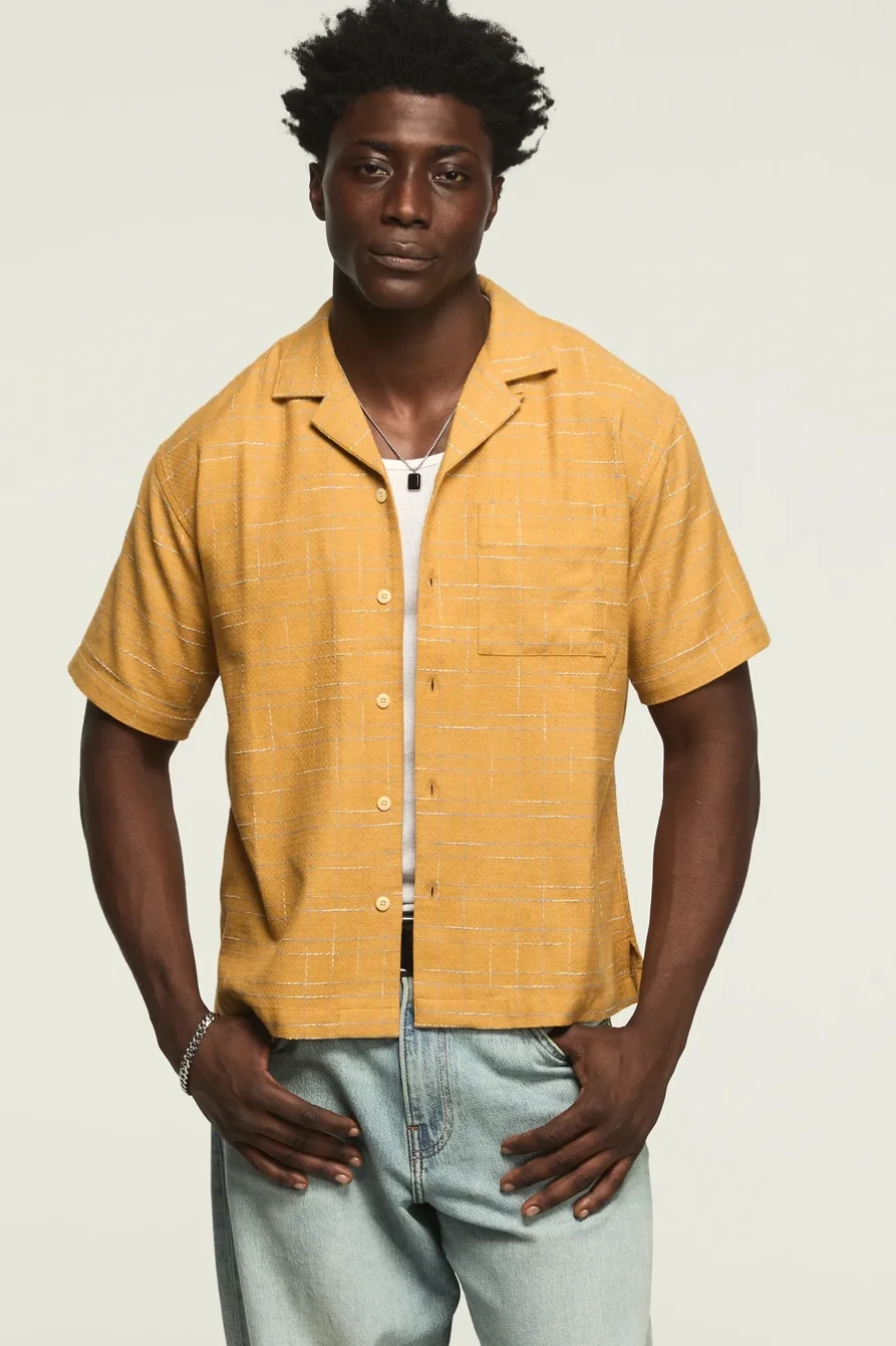 Image of Lucky Brand Untucked Camp Collar Shirt - Men's Clothing Outerwear Shirt Jackets in Mustard Multi
