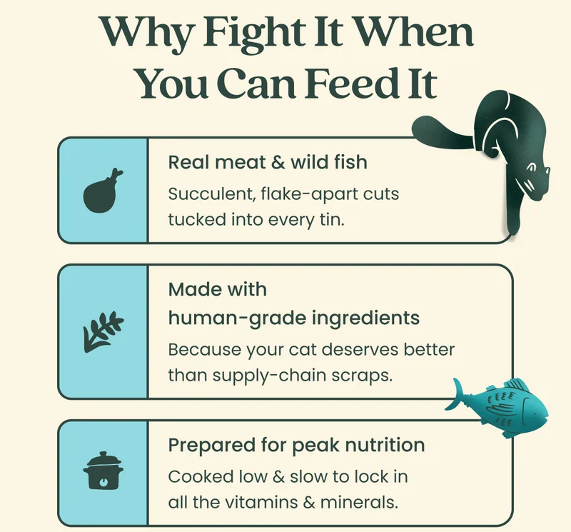 Why Fight It When You Can Feed It  Real meat & wild fish Succulent, flake-apart cuts tucked into every tin. Made with human-grade ingredients Because your cat deserves better than supply-chain scraps. Prepared for peak nutrition Cooked low & slow to lock in all the vitamins & minerals.