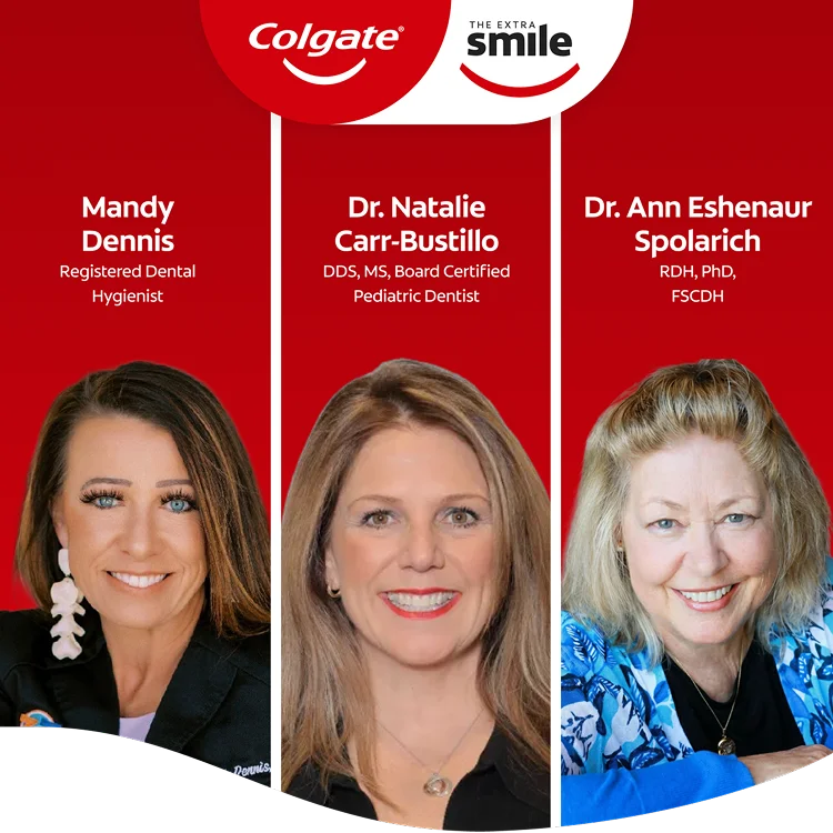 A split image of the three Dental Professionals. Their portraits are show at the bottom of image and their name and titles are shown above.