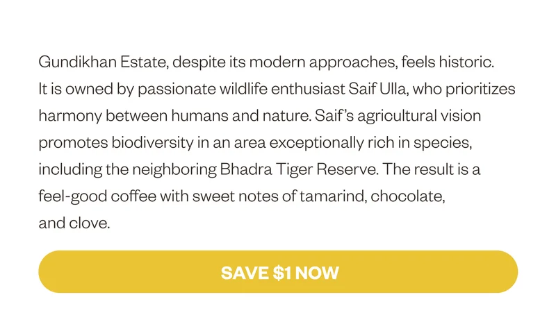 Gundikhan Estate, despite its modern approaches, feels historic. It is owned by passionate wildlife enthusiast Saif Ulla, who prioritizes harmony between humans and nature. Saif’s agricultural vision promotes biodiversity in an area exceptionally rich in species, including the neighboring Bhadra Tiger Reserve. The result is a feel-good coffee with sweet notes of tamarind, chocolate, and clove. Save $1 Now