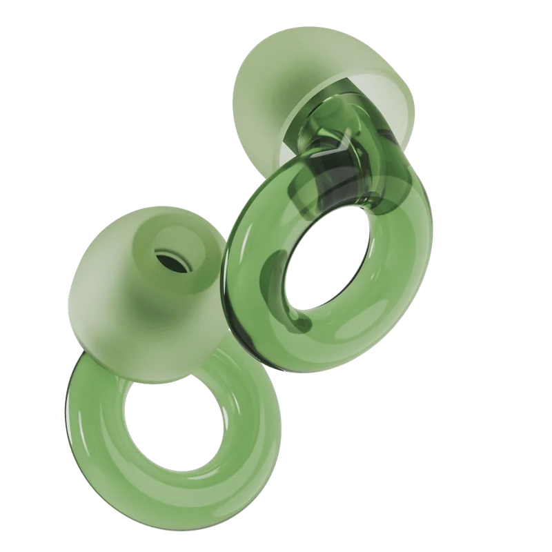 A pair of Green Loop Engage earplugs.