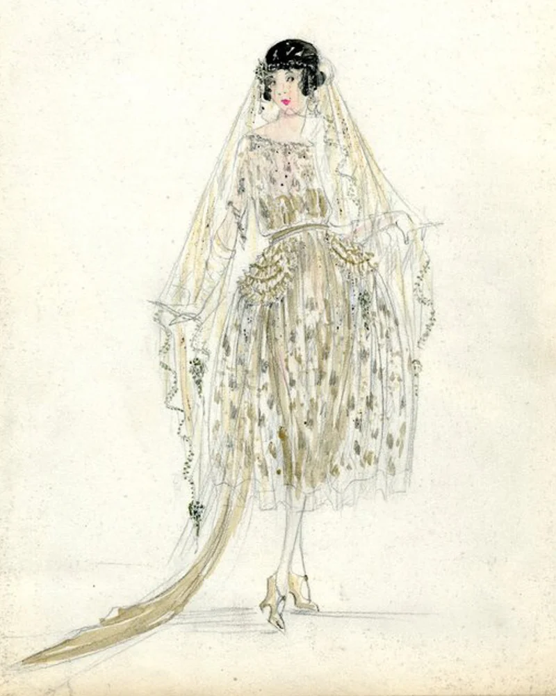 Gold and silver dress; mid-calf length full skirt, train, ruffled panels at hips; bodice with bateau neckline, short sleeves; sheer gold veil attached to headband