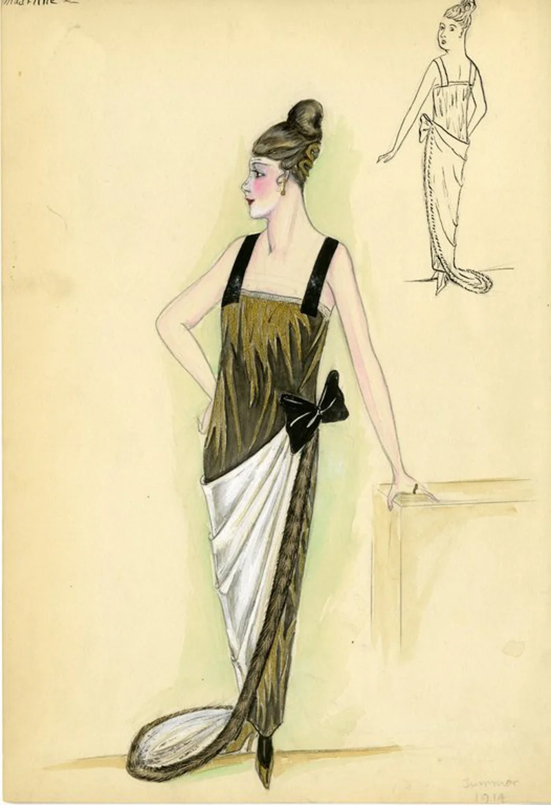long sleeveless black and gold dress; white drape over skirt trimmed with fur; black bow at hip; square neckline; black straps