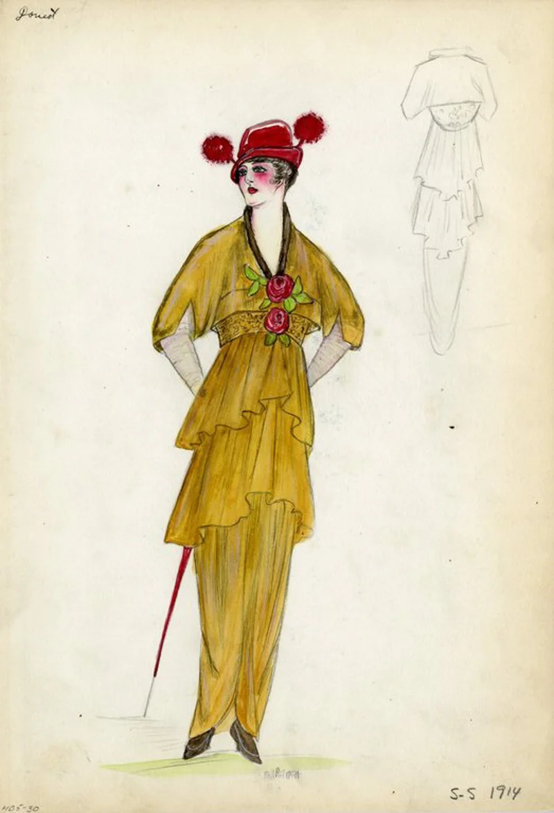Yellow gold dress with tiered skirt; sash and red flower embellishment at high waist; fur trim around collar; wide dolman sleeves; lampshade silhouette; full length tapered skirt; red parasol and red hat included