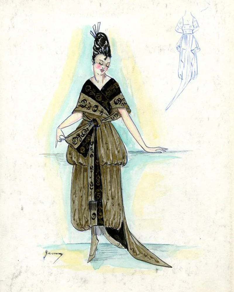 Black and gold tea length dress; surplice bodice with shawl wrapped and tied around waist; balloon hem peplum skirt; train