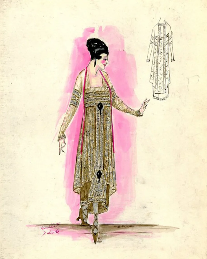 Tea length silver and gold dress; gold underskirt; fitted bodice with square neckline, long sleeves