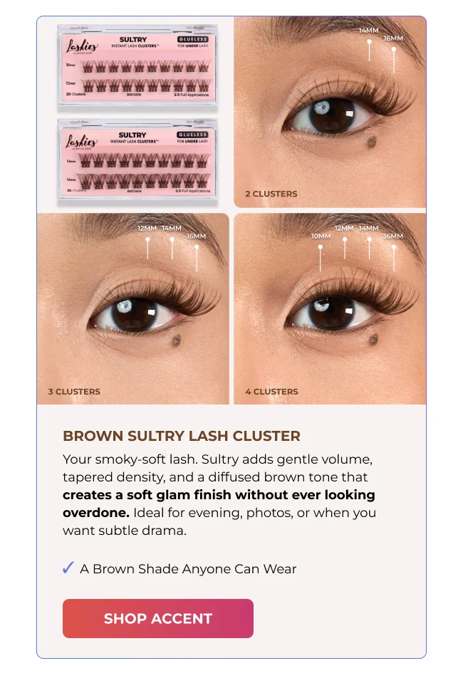 Composite image showing Brown Sultry Instant Lash Clusters with two product trays and close-up eye looks wearing 2, 3, and 4 clusters in warm brown, illustrating soft glam volume with varied lash lengths