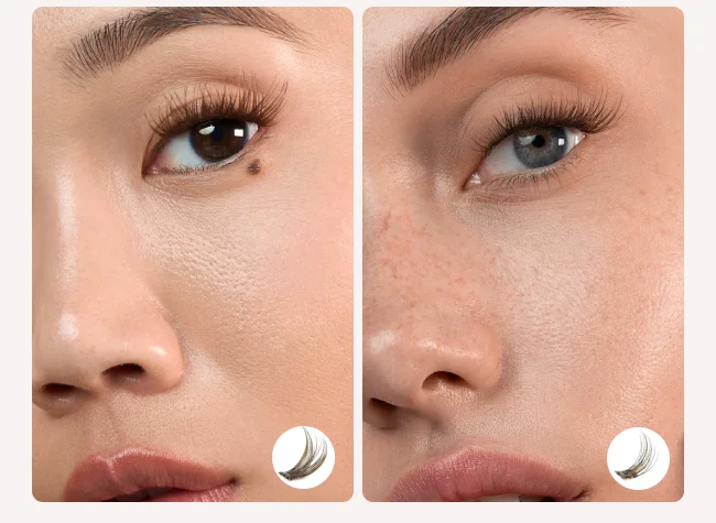 Side-by-side close-up photos of two models wearing brown Instant Lash Clusters, showing a soft, natural lash finish in warm brown tones.