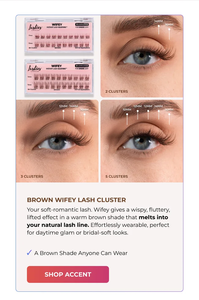 Composite image showing Brown Wifey Instant Lash Clusters with two product trays and close-up eye looks wearing 2, 3, and 5 clusters in warm brown, demonstrating different lash maps and lengths.
